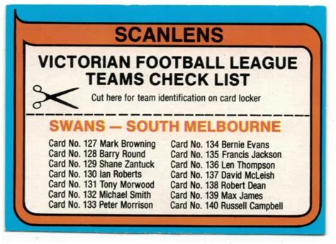 Scanlens 1980 Vfl Card South Melbourne Checklist Check List Unmarked