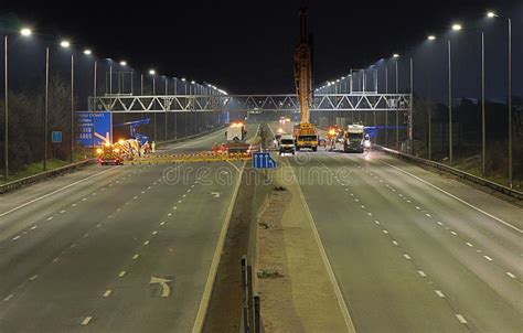Motorway Gantry Being Repaired At Night Near Bristol Uk Editorial Stock