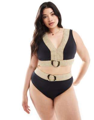 River Island Plus Bikini Top With Buckle Detail In Gold And Black ASOS