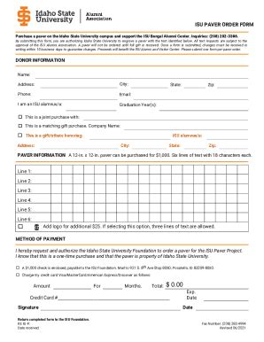 Fillable Online Isu Paver Order Form Idaho State University Fax Email