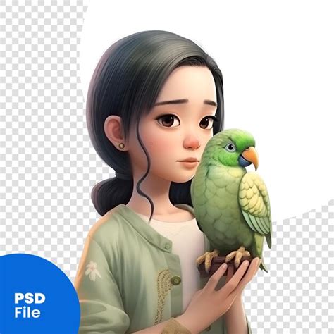 Premium Psd 3d Rendering Of A Cute Girl With A Parrot In Her Hands