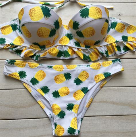 Pineapple Print White Two Piece Bikini Featuring Ruffle Hem On Luulla