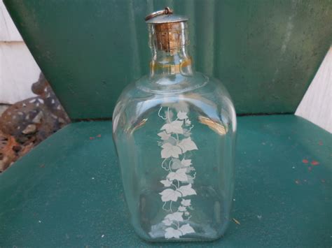 Vintage Glass Bottle Cork Top With Silver Tone Ring Etched Ivy