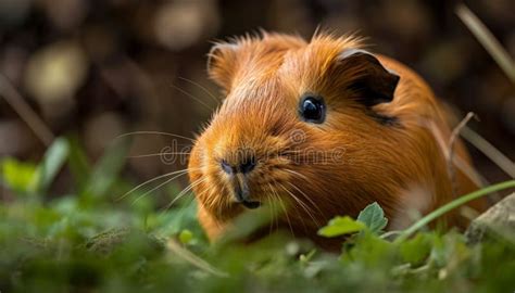 Fluffy Guinea Pig Eats Grass In Meadow Generated By Ai Stock