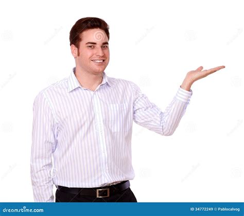 Cute Guy Holding Out His Left Hand Stock Image Image Of Gesture