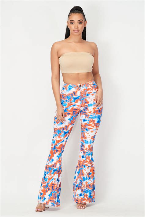 Super High Waisted Stretchy Bell Bottoms Orange Blue Tie Dye