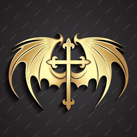premium vector  gold metal cross  demon wings symbol