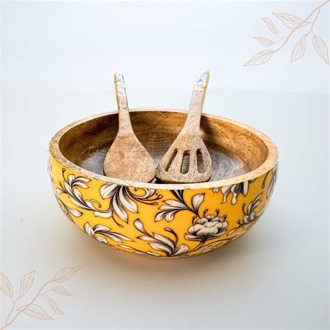 Mango Wood Enameled Salad Bowl With 2 Servers Lightweight Floral Design