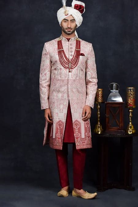 Buy Pink Crepe Embroidered Thread And Sequin Work Sherwani Set For