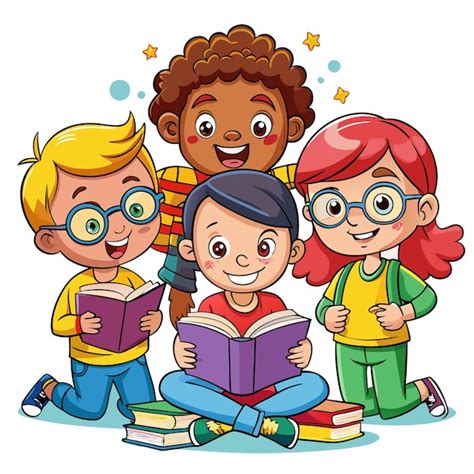 Cuatro niños felices leyendo libros juntos Vector Premium generado