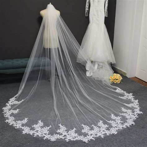 Long Lace Appliques Wedding Veil With Comb 3 Meters Cathedral Bridal Veil One Layer White Ivory