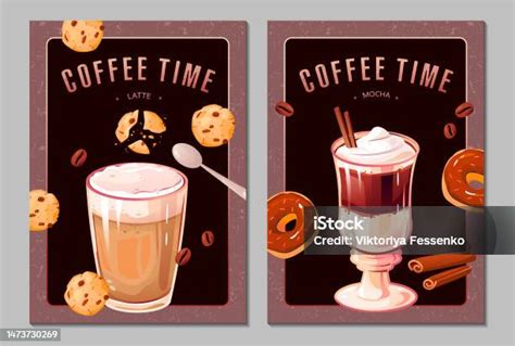 poster waktu kopi jenis kopi koleksi flyer latte moka minuman panas