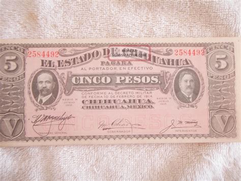 8 1915 5 Peso Banknote Of Mexico Revolution Pancho Villa Issue Pesos