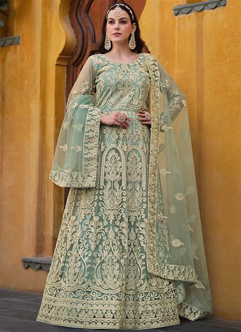 Buy Pakistani Turquoise Anarkali Suit With Embroidered Stone Embossed