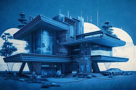 Premium Photo Retro Futuristic House Sketch And Blueprint Hand Drawn