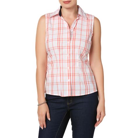 Basic Editions Womens Sleeveless Camp Shirt Plaid