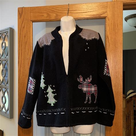 Coldwater Creek Wool Embroidered Patchwork Christmas Cardigan Jacket Sz