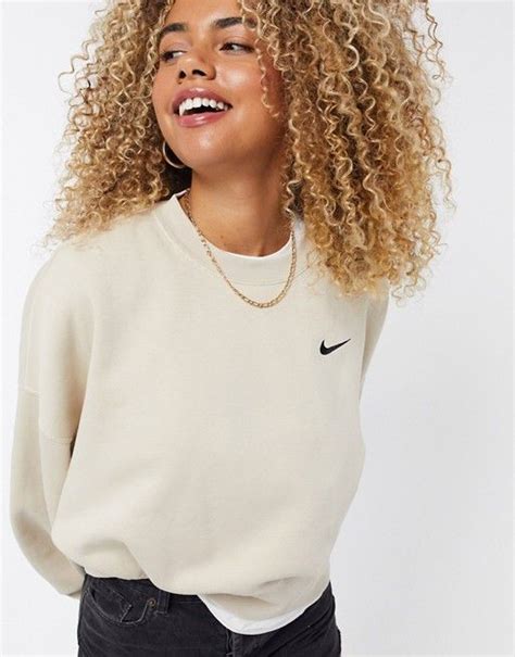 Nike Mini Swoosh Oversized Boxy Sweatshirt In Oatmeal Asos Crewneck