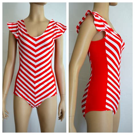 1980s Red And White Striped Bathing Suit S By CelebrationVintage