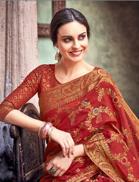 Maroon Cotton Jacquard Woven Saree With Blouse Brithika Luxury Fashion