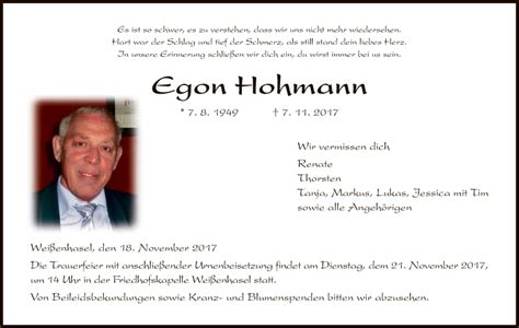 Traueranzeigen Von Egon Hohmann Trauer Hna De