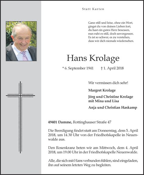 Traueranzeigen Von Hans Krolage Om Trauer De