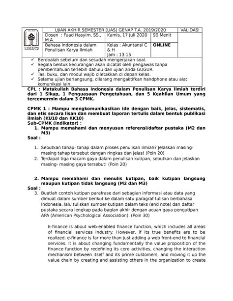 Soal UAS 2020 Dosen FUAD Hasyim UJIAN AKHIR SEMESTER UAS GENAP T