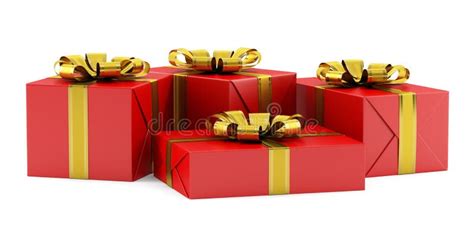 Красные подарочные коробки с золотыми лентами на белизне Иллюстрация ...