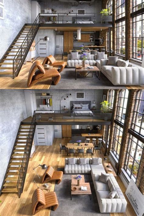 Two Views Of A Living Room And Dining Area In An Industrial Style House