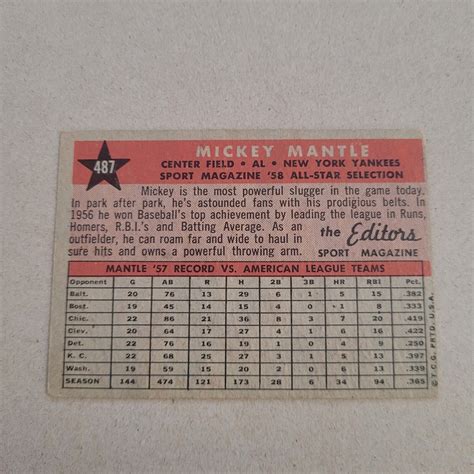 1958 Topps Sport Magazine 58 All Star Selection 487 Mickey Mantle