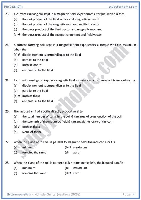 Electromagnetism MCQs Physics 10th