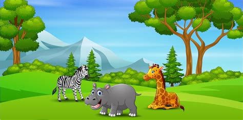 Premium Vector | A group of animals in the jungle with mountains in the ...