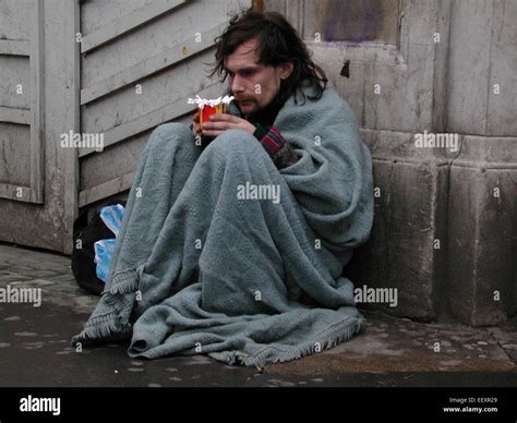 Homeless Tramp Vagrant Beggar Begging For Money In London Street Stock