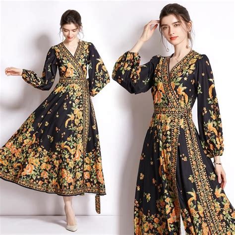 Robe Robe Maxi Vintage Imprim Floral Pour Femme Col En V Manches