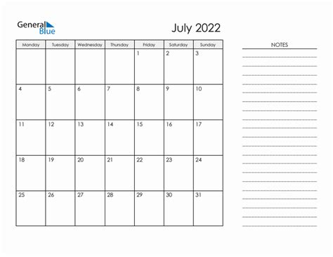 Printable Monthly Calendar With Notes July 2022