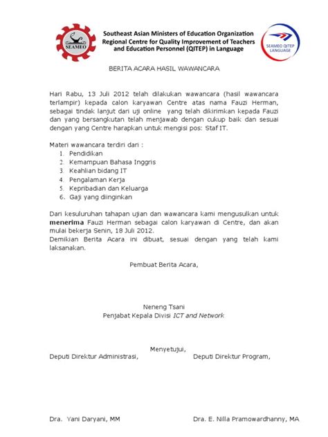 Contoh Berita Acara Wawancara Kerja Gawe Cv