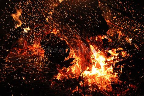 Burning Red Hot Sparks Rise From Large Fire At Night Stock Image Image Of Burning Sparks