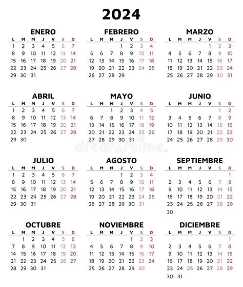 Calendario Español 2024 Ilustración De Plantilla De Vector Simple En