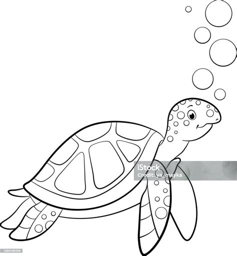 Ilustración De Dibujo Para Colorear Linda Tortuga Marina Sonriente Nada