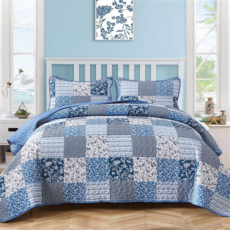 Blue Boho Quilt Set Queen Size Pieces Plaid Floral Bedspread Coverlet