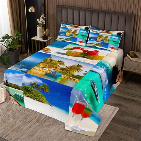 Blue Hawaii Beach Quilt Set Queen Ocean Decor Patchwork Bedspread Set