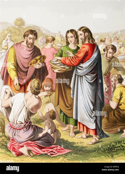 Jesus feeding the multitude. The miracle of loaves and fishes Stock ...