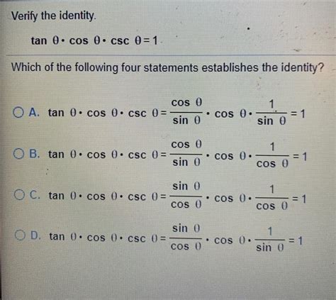 Solved Verify The Identity Tan Cos Csc Which Of Chegg