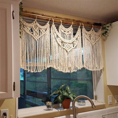 Macrame Window Curtain Large Covering White Kitchen Valance Etsy Boho