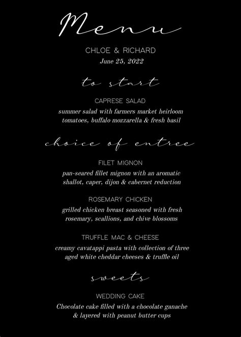 Anita Wedding Menu Card Template Classic Black Menu Editable Wedding