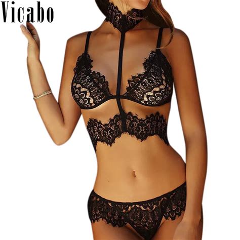 Vicabo Sexy Exotic Sets Women Eyelash Lace Bra Set Female Black Bra