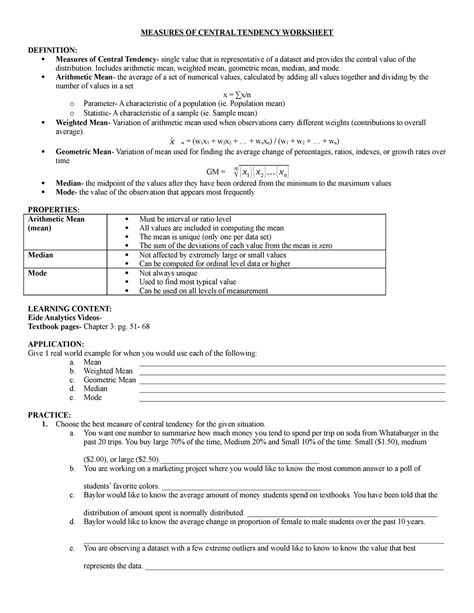 Measure Of Central Tendency Worksheet - Zipworksheet.com