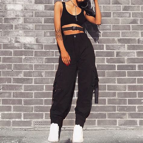 Streetwear Cargo Pants Women Casual Joggers Black High Waist Loose