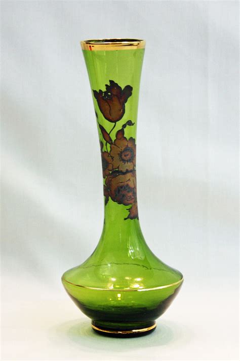 Vintage Lefton Emerald Green Glass Bud Vase Hand Blown With Floral Applique Made In Japan Flower