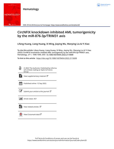 Pdf Circnfix Knockdown Inhibited Aml Tumorigenicity By The Mir P